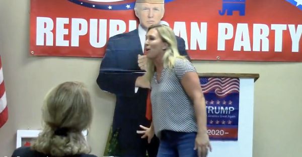 Watch: Marjorie Taylor Greene Gropes a Life-Size Trump Cut-Out